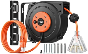 25FT Retractable Extension Cord Reel, 3-Outlet,14/3C SJTOW Cable Lighted End Plug, 13A Circuit Breaker, 180° Swivel Bracket, Safety Lock, Electric Cord Reel for Garage, Workshop, Orange 25FT Retractable Extension Cord Reel, 3-Outlet,14/3C SJTOW Cable Lighted End Plug, 13A Circuit Breaker, 180° Swivel Bracket, Safety Lock, Electric Cord Reel for Garage, Workshop, Orange