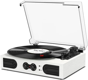 Vinyl Record Player with Built-in Stereo Speakers, Vintage 3-Speed Turntable, Bass/Treble Control, Headphone Jack, RCA/AUX Outputs, Belt-Driven LP Player, White Wood Vinyl Record Player with Built-in Stereo Speakers, Vintage 3-Speed Turntable, Bass/Treble Control, Headphone Jack, RCA/AUX Outputs, Belt-Driven LP Player, White Wood