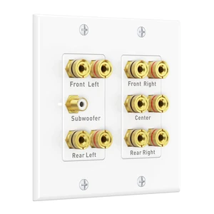 Double Gang 5.1 Speaker Wall Plate, Banana Plug, White Gold-Plated Binding Posts, for Home Theater Wiring, Low-Voltage Installation Double Gang 5.1 Speaker Wall Plate, Banana Plug, White Gold-Plated Binding Posts, for Home Theater Wiring, Low-Voltage Installation