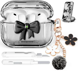 for AirPods Pro 3 Case Cover 2025-Clear Black with Bow Safety Lock, As Phone Stand,with Floral Key Chain & Clean Pen,Support Wireless,Two-Piece Design for Women Girly for AirPods Pro 3 Case Cover 2025-Clear Black with Bow Safety Lock, As Phone Stand,with Floral Key Chain & Clean Pen,Support Wireless,Two-Piece Design for Women Girly
