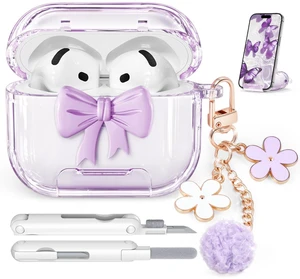 for AirPods 5/4 Case Cover (2026-2024)-Clear Purple with Bow Safety Lock,As Phone Stand,Come with Floral Key Chain & Clean Pen,Support Wireless,Two-Piece Design for Women Girly for AirPods 5/4 Case Cover (2026-2024)-Clear Purple with Bow Safety Lock,As Phone Stand,Come with Floral Key Chain & Clean Pen,Support Wireless,Two-Piece Design for Women Girly