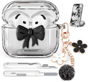 for AirPods 5/4 Case Cover (2026-2024)-Clear Black with Bow Safety Lock,As Phone Stand,Come with Floral Key Chain & Clean Pen,Support Wireless,Two-Piece Design for Women Girly for AirPods 5/4 Case Cover (2026-2024)-Clear Black with Bow Safety Lock,As Phone Stand,Come with Floral Key Chain & Clean Pen,Support Wireless,Two-Piece Design for Women Girly