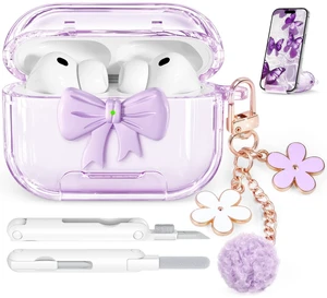for AirPods Pro 3 Case Cover 2025-Clear Purple with Bow Safety Lock, As Phone Stand,with Floral Key Chain & Clean Pen,Support Wireless,Two-Piece Design for Women Girly for AirPods Pro 3 Case Cover 2025-Clear Purple with Bow Safety Lock, As Phone Stand,with Floral Key Chain & Clean Pen,Support Wireless,Two-Piece Design for Women Girly