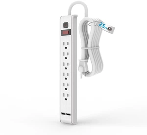 Power Strip Surge Protector with 6 Outlets & 2 USB Ports (25 FT) 600 Joules, 4 ft Extension Cord, Wall Mountable, ETL Listed, 15A/1875W Power Strip Surge Protector with 6 Outlets & 2 USB Ports (25 FT) 600 Joules, 4 ft Extension Cord, Wall Mountable, ETL Listed, 15A/1875W