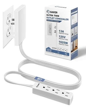 Outlet Concealer Power Strip, 8ft Flat Cord, 3 Outlets, White 8ft Ultra-Thin Flat Extension Cord, Low-Profile Flat Plug Design, 3 Convenient AC Outlets, Wall-Hugging Cord Management Outlet Concealer Power Strip, 8ft Flat Cord, 3 Outlets, White 8ft Ultra-Thin Flat Extension Cord, Low-Profile Flat Plug Design, 3 Convenient AC Outlets, Wall-Hugging Cord Management