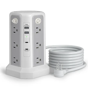 Surge Protector Power Strip Tower (13A 1625W) 10FT with PD20W USB C Port Extension Cord with 12 AC Mutiple Outlets, Power Tower Overload Protection for Home Office Dorm Room, Grey White Surge Protector Power Strip Tower (13A 1625W) 10FT with PD20W USB C Port Extension Cord with 12 AC Mutiple Outlets, Power Tower Overload Protection for Home Office Dorm Room, Grey White