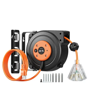 30FT Extension Cord Reel,16/3C SJTOW Cord Reel, Orange,ETL Listed 10A Circuit Breaker, Lighted Triple Outlets, 180° Swivel Bracket, Ceiling/Wall Mount for Garage, Workshop 30FT Extension Cord Reel,16/3C SJTOW Cord Reel, Orange,ETL Listed 10A Circuit Breaker, Lighted Triple Outlets, 180° Swivel Bracket, Ceiling/Wall Mount for Garage, Workshop