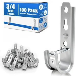 3/4 Inch J Hooks Wall Mount Cable Support, 100 Pack with Retainer Clips 16-Gauge Galvanized Steel, Up to 50 lb; Holds About 7 CAT6 Cables for Ethernet, Coax & Fiber, Screws Not Included 3/4 Inch J Hooks Wall Mount Cable Support, 100 Pack with Retainer Clips 16-Gauge Galvanized Steel, Up to 50 lb; Holds About 7 CAT6 Cables for Ethernet, Coax & Fiber, Screws Not Included