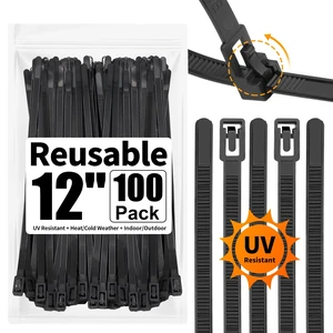 100 Pack Reusable Zip Ties 12 Inch Heavy Duty UV Resistant Cable Ties Black Reusable Trigger Release / Heavy Duty Nylon / UV Weatherproof / Non-Slip Self-Locking / Smooth Round Ending No Hurt 100 Pack Reusable Zip Ties 12 Inch Heavy Duty UV Resistant Cable Ties Black Reusable Trigger Release / Heavy Duty Nylon / UV Weatherproof / Non-Slip Self-Locking / Smooth Round Ending No Hurt