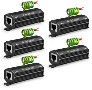 Gigabit Ethernet Surge Protector, 5Pack Metal Shielded Lightning Arrestor 20KA LAN Network Surge Protector, CAT5/CAT6 Thunder Arrestor-with Mounting Flange, POE++ Gigabit Ethernet Surge Protector, 5Pack Metal Shielded Lightning Arrestor 20KA LAN Network Surge Protector, CAT5/CAT6 Thunder Arrestor-with Mounting Flange, POE++