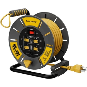 Retractable Extension Cord Reel 80 FT, 14AWG SJTOW Heavy Duty Power Cord with 4 Grounded Outlets, USB-A & USB-C Ports, 13A Circuit Breaker, Hand Crank for Indoor Outdoor Use, ETL Listed, Yellow Retractable Extension Cord Reel 80 FT, 14AWG SJTOW Heavy Duty Power Cord with 4 Grounded Outlets, USB-A & USB-C Ports, 13A Circuit Breaker, Hand Crank for Indoor Outdoor Use, ETL Listed, Yellow