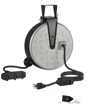 30 Ft Retractable Extension Cord Reel, 16/3 Gauge SJTW Power Cord with 3 Electrical Outlets Pigtail for Garage and Shop, 10 Amp Circuit Breaker, Metal Plate, UL Listed, Grey S30CR06 30 Ft Retractable Extension Cord Reel, 16/3 Gauge SJTW Power Cord with 3 Electrical Outlets Pigtail for Garage and Shop, 10 Amp Circuit Breaker, Metal Plate, UL Listed, Grey S30CR06