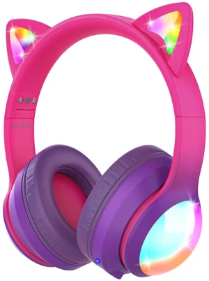 Kids Bluetooth 5.2 Headphones with LED Cat Ears (85/94dB Safe Volume Limit) Foldable Wireless or Wired Headset with 100hr Play Time and 3.5mm Cable for School/Travel - Hot Pink/Purple Kids Bluetooth 5.2 Headphones with LED Cat Ears (85/94dB Safe Volume Limit) Foldable Wireless or Wired Headset with 100hr Play Time and 3.5mm Cable for School/Travel - Hot Pink/Purple