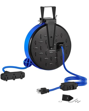 30 Ft Retractable Extension Cord Reel, 16/3 Gauge SJTW Power Cord with 3 Electrical Outlets Pigtail for Garage and Shop, 10 Amp Circuit Breaker, Metal Plate, UL Listed, Blue U30CR06 30 Ft Retractable Extension Cord Reel, 16/3 Gauge SJTW Power Cord with 3 Electrical Outlets Pigtail for Garage and Shop, 10 Amp Circuit Breaker, Metal Plate, UL Listed, Blue U30CR06
