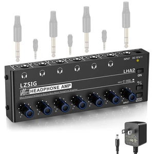 Headphone Amplifier with Bass Boost, 6 Channel, 1IN 6 OUT, 12V Metal Stereo Audio Amplifier, Mini Earphone Splitter with Power Adapter, 1/4" & 1/8" TRS Headphones Output & TRS Audio Input Headphone Amplifier with Bass Boost, 6 Channel, 1IN 6 OUT, 12V Metal Stereo Audio Amplifier, Mini Earphone Splitter with Power Adapter, 1/4" & 1/8" TRS Headphones Output & TRS Audio Input