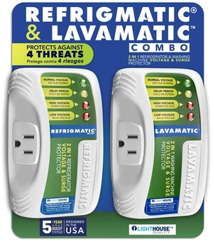 Two Electronic Voltage & Surge Protector Combo - Protect your Refrigerator and Washing Machine Against High and Low Voltage, Brownouts and Spikes Two Electronic Voltage & Surge Protector Combo - Protect your Refrigerator and Washing Machine Against High and Low Voltage, Brownouts and Spikes