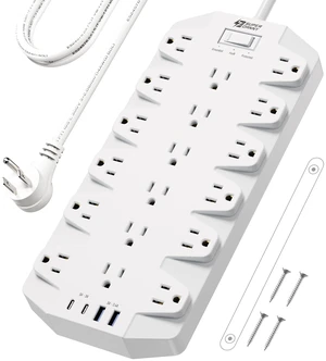 18 AC Power Strip Surge Protector, 6.5FT, Flat Plug, 1875W/15A White, 2100J, with 4 USB Ports, Heavy Duty Extension Cord, Wall Mount Holes for Gaming Room, Home, Office, Dorm 18 AC Power Strip Surge Protector, 6.5FT, Flat Plug, 1875W/15A White, 2100J, with 4 USB Ports, Heavy Duty Extension Cord, Wall Mount Holes for Gaming Room, Home, Office, Dorm