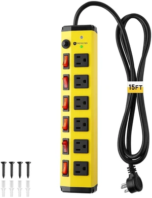 Heavy Duty Power Strip Surge Protector,Individual Switches,6FT/15A 6 Outlet Surge Protector with 1200J,Flat Plug Design,Wall Mountable Metal Power Strip for Appliance,Workshop,Garage,1875W/ETL Heavy Duty Power Strip Surge Protector,Individual Switches,6FT/15A 6 Outlet Surge Protector with 1200J,Flat Plug Design,Wall Mountable Metal Power Strip for Appliance,Workshop,Garage,1875W/ETL