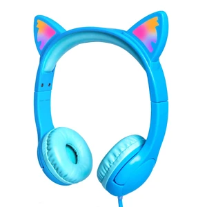 Kids Wired Headphones LED Light-Up Cat Ears Headset, Dual Audio Jack Blue; Toddlers headset with Mic for children boys girls; On Ear headphones with cord for tablets school travel airplane Kids Wired Headphones LED Light-Up Cat Ears Headset, Dual Audio Jack Blue; Toddlers headset with Mic for children boys girls; On Ear headphones with cord for tablets school travel airplane