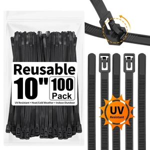 100 Pack Reusable Zip Ties 10 Inch Heavy Duty UV Resistant Cable Ties Black Reusable Trigger Release / Heavy Duty Nylon / UV Weatherproof / Non-Slip Self-Locking / Smooth Round Ending No Hurt 100 Pack Reusable Zip Ties 10 Inch Heavy Duty UV Resistant Cable Ties Black Reusable Trigger Release / Heavy Duty Nylon / UV Weatherproof / Non-Slip Self-Locking / Smooth Round Ending No Hurt