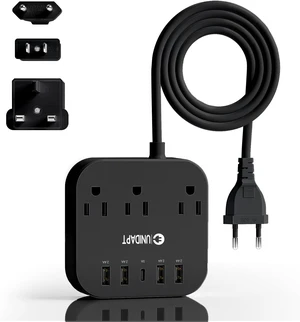 UK Ireland Travel Plug Adapter, US to Europe Power Strip, Black USB-C and 4 USB Ports, 3 AC Outlets, 5ft Extension Cord, Wall Mountable European Outlets Charger for Cruise Ship, Home UK Ireland Travel Plug Adapter, US to Europe Power Strip, Black USB-C and 4 USB Ports, 3 AC Outlets, 5ft Extension Cord, Wall Mountable European Outlets Charger for Cruise Ship, Home