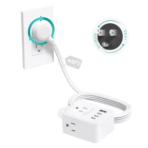 360° Rotating Flat Plug Power Strip with 3AC Outlets and 4 USB Ports 8FT Long Extension Cord, Wall Mountable, Compact Outlet Extender for Home Office Dorm Room, Cruise Travel Essentials, White 360° Rotating Flat Plug Power Strip with 3AC Outlets and 4 USB Ports 8FT Long Extension Cord, Wall Mountable, Compact Outlet Extender for Home Office Dorm Room, Cruise Travel Essentials, White
