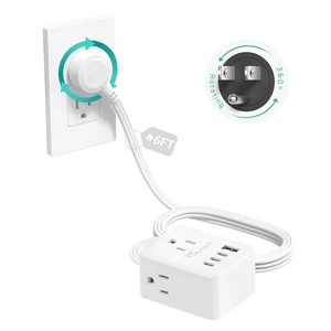 360° Rotating Flat Plug Power Strip with 3AC Outlets and 4 USB Ports 6FT Extension Cord, Wall Mountable, Compact Outlet Extender for Home Office Dorm Room, Cruise Travel Essentials, White 360° Rotating Flat Plug Power Strip with 3AC Outlets and 4 USB Ports 6FT Extension Cord, Wall Mountable, Compact Outlet Extender for Home Office Dorm Room, Cruise Travel Essentials, White