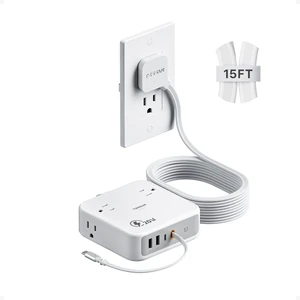 Surge Protector Extension Cord 15Ft, Flat Plug Power Strip 4 Outlets 4 USB Ports(1 USB C) 20W USB C Cable, USB Charger 1050 Joules Protection, Suitable for Home Office Dorm, Grey Surge Protector Extension Cord 15Ft, Flat Plug Power Strip 4 Outlets 4 USB Ports(1 USB C) 20W USB C Cable, USB Charger 1050 Joules Protection, Suitable for Home Office Dorm, Grey