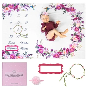 Monthly Milestone Blanket for Baby Girl - 60"x40" - Wrinkle Free Baby Age Month Blanket with Growth Chart - Washable & Dryable - w/Wreath & Headband - Floral Theme Monthly Milestone Blanket for Baby Girl - 60"x40" - Wrinkle Free Baby Age Month Blanket with Growth Chart - Washable & Dryable - w/Wreath & Headband - Floral Theme