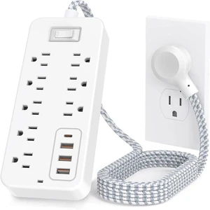 12-in-1 Surge Protector Power Strip, 8 Outlets 4 USB Ports (USB-C), 4 FT Long Flat Plug, Wall Mount Charging Station for Home, Garage, Dorm & Office, White 12-in-1 Surge Protector Power Strip, 8 Outlets 4 USB Ports (USB-C), 4 FT Long Flat Plug, Wall Mount Charging Station for Home, Garage, Dorm & Office, White
