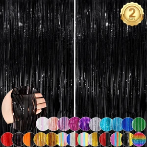 Black Foil Curtain Backdrop, 2Pack Metallic Tinsel Fringe Curtain Streamers, 3.3 x 8.3 Ft Black Party Decorations. Perfect for birthdays, Halloween, weddings, bridal & baby showers, graduation events Black Foil Curtain Backdrop, 2Pack Metallic Tinsel Fringe Curtain Streamers, 3.3 x 8.3 Ft Black Party Decorations. Perfect for birthdays, Halloween, weddings, bridal & baby showers, graduation events
