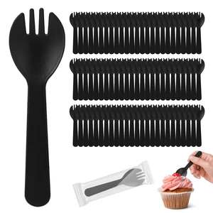 100Pcs Mini Plastic Spork, 4.2 Inch Individually Wrapped Utensils | Small Black Disposable Fork Spoon Combo for Desserts, School Lunch, Catering, Restaurants & Birthday Party 100Pcs Mini Plastic Spork, 4.2 Inch Individually Wrapped Utensils | Small Black Disposable Fork Spoon Combo for Desserts, School Lunch, Catering, Restaurants & Birthday Party