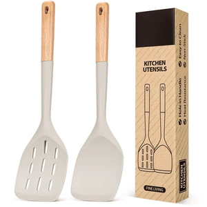Silicone Spatula, Non Stick Turner for Cooking, Food Grade, Khaki | Heat Resistant, Flexible Edge, 2 Pack Wooden Handle Kitchen Turner for Baking Mixing Grilling Serving Food Silicone Spatula, Non Stick Turner for Cooking, Food Grade, Khaki | Heat Resistant, Flexible Edge, 2 Pack Wooden Handle Kitchen Turner for Baking Mixing Grilling Serving Food
