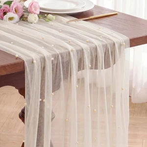 Ivory Pearl Table Runner Tulle 10FT Gauze Sheer Table Runner | Tulle Pearl Table Runner Sheer Cheesecloth for Party Dining Wedding Birthday Baby Shower Thanksgiving Christmas Table Decor Ivory Pearl Table Runner Tulle 10FT Gauze Sheer Table Runner | Tulle Pearl Table Runner Sheer Cheesecloth for Party Dining Wedding Birthday Baby Shower Thanksgiving Christmas Table Decor