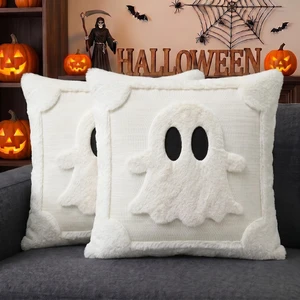 Halloween Ghost Cream White Throw Pillow Covers 18 x 18 Inch, Spooky Soft Plush Faux Fur Jacquard Cushion Case Decoration for Sofa Couch Set of 2 Halloween Ghost Cream White Throw Pillow Covers 18 x 18 Inch, Spooky Soft Plush Faux Fur Jacquard Cushion Case Decoration for Sofa Couch Set of 2