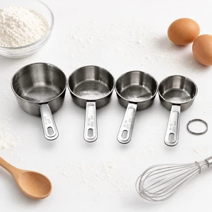 Stainless Steel Measuring Cups Set of 4, Nesting Metal Cups, Marked Handles | Includes 1/4, 1/3, 1/2 and 1 Cup; Stamped 1-Cup Interior Marks for Dry Ingredients, Flour, Sugar, Oats, Rice and Baking Stainless Steel Measuring Cups Set of 4, Nesting Metal Cups, Marked Handles | Includes 1/4, 1/3, 1/2 and 1 Cup; Stamped 1-Cup Interior Marks for Dry Ingredients, Flour, Sugar, Oats, Rice and Baking