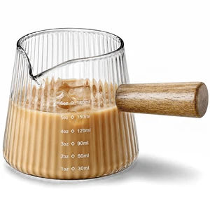 6OZ Espresso Shot Glass Cups Coffee Measuring Cup Coffee Bar Accessories | With wood handle, V-shaped, spout ribbed milk frothing pitcher spouts cup for coffee milk sauce 6OZ Espresso Shot Glass Cups Coffee Measuring Cup Coffee Bar Accessories | With wood handle, V-shaped, spout ribbed milk frothing pitcher spouts cup for coffee milk sauce