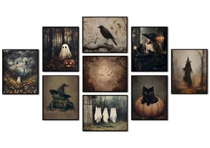 Vintage Halloween Wall Art Set of 9, Gothic Ghost and Witchy Frog Picture Wall Decor, Dark Academia Black Cat Pumpkin Canvas Prints, Spooky Retro Poster Paintings Unframed 8x10 Inches Vintage Halloween Wall Art Set of 9, Gothic Ghost and Witchy Frog Picture Wall Decor, Dark Academia Black Cat Pumpkin Canvas Prints, Spooky Retro Poster Paintings Unframed 8x10 Inches
