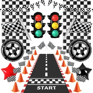 Race Car Birthday Party Decorations Set with Banner Runner Flags Cones | 12 Mini Traffic Cones, 12 Checkered Flags, Racetrack Runner, 2 Fringe Curtains & Tire Traffic Light Foil Balloons Race Car Birthday Party Decorations Set with Banner Runner Flags Cones | 12 Mini Traffic Cones, 12 Checkered Flags, Racetrack Runner, 2 Fringe Curtains & Tire Traffic Light Foil Balloons