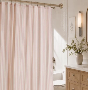 Vintage Pink Striped Fabric Shower Curtain for Bathroom, 72x72 Inches, Rustic Farmhouse Cotton Blend Cloth Shower Curtain, Boho French Country Cottagecore Style, Non-Waterproof Decorative Curtain Vintage Pink Striped Fabric Shower Curtain for Bathroom, 72x72 Inches, Rustic Farmhouse Cotton Blend Cloth Shower Curtain, Boho French Country Cottagecore Style, Non-Waterproof Decorative Curtain