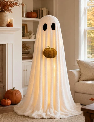 Halloween Decorations Indoor 3.6FT Light-Up Sherpa Ghost with Pumpkin | Light-up ghost,cute,easy setup,adjustable tripod,warm glowfor living room, fireplace, bedroom & parties Halloween Decorations Indoor 3.6FT Light-Up Sherpa Ghost with Pumpkin | Light-up ghost,cute,easy setup,adjustable tripod,warm glowfor living room, fireplace, bedroom & parties