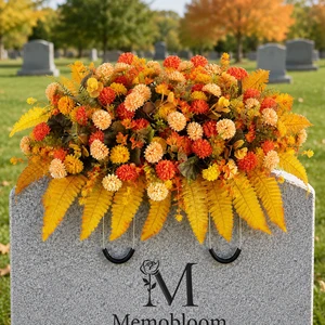 Fall Flowers for Cemetery Decorations: Headstone Flower Saddle | Fake Silk Mums, Orange, Artificial Cemetery Flowers Fall Colors for Outdoor Grave Decor, Tombstone, Gravestone Fall Flowers for Cemetery Decorations: Headstone Flower Saddle | Fake Silk Mums, Orange, Artificial Cemetery Flowers Fall Colors for Outdoor Grave Decor, Tombstone, Gravestone