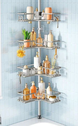 Corner Shower Shelves, 4-Tier Metal Tension Pole Caddy, Silver Gray | Rustproof Bathtub Organizer, No Drilling Standing Bathroom Storage, Apartment Essentials For Renters, 47.7-123.6in Adjustable Corner Shower Shelves, 4-Tier Metal Tension Pole Caddy, Silver Gray | Rustproof Bathtub Organizer, No Drilling Standing Bathroom Storage, Apartment Essentials For Renters, 47.7-123.6in Adjustable