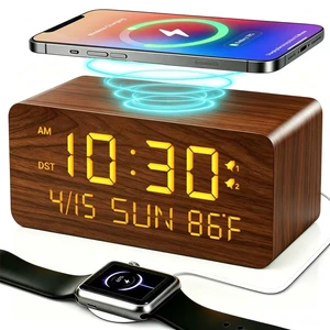Premium Brown Wooden Digital Alarm Clock with Wireless Phone Charger, Dual USB Charging Ports, Dimmable LED Display, Date and Day of Week, Small Digital Desk Clock for Bedroom Nightstand Bedside Table Premium Brown Wooden Digital Alarm Clock with Wireless Phone Charger, Dual USB Charging Ports, Dimmable LED Display, Date and Day of Week, Small Digital Desk Clock for Bedroom Nightstand Bedside Table