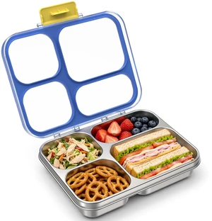 Stainless Steel Bento Lunch Box, 4 Cups, Blue | 4-Compartment Leak-Proof Metal Lunch Container for Kids & Adults, BPA/BPS-Free, Dishwasher Safe, Clear Lid, (Not Insulated) Stainless Steel Bento Lunch Box, 4 Cups, Blue | 4-Compartment Leak-Proof Metal Lunch Container for Kids & Adults, BPA/BPS-Free, Dishwasher Safe, Clear Lid, (Not Insulated)