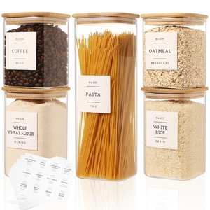 5 Pack Square Glass Pantry Storage Containers with 132 Kitchen Food Pantry Labels - Clear Glass Pantry Jars with Airtight Wood Bamboo Lids - Glass Canisters for Pasta, Cereal, Coffee, Flour, Sugar 5 Pack Square Glass Pantry Storage Containers with 132 Kitchen Food Pantry Labels - Clear Glass Pantry Jars with Airtight Wood Bamboo Lids - Glass Canisters for Pasta, Cereal, Coffee, Flour, Sugar