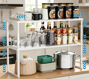 Cabinet Shelves, 2 Pack Stackable Shelves for Kitchen Storage | Expandable & Height Adjustable Cabinet Organizer Shelf | Metal Shelf Organizer | White Spice Rack for Pantry Storage Cabinet Shelves, 2 Pack Stackable Shelves for Kitchen Storage | Expandable & Height Adjustable Cabinet Organizer Shelf | Metal Shelf Organizer | White Spice Rack for Pantry Storage