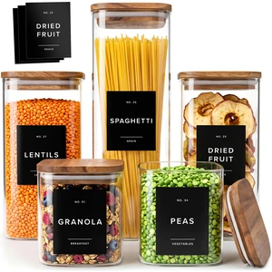 Glass Pantry Storage Jars Containers with Acacia Lids and Labels-Set of 5 | Extra Thick Square Glass Canisters with Acacia Wood Lids and 54 Preprinted Pantry Labels keeps dry Goods Fresh and Organized Glass Pantry Storage Jars Containers with Acacia Lids and Labels-Set of 5 | Extra Thick Square Glass Canisters with Acacia Wood Lids and 54 Preprinted Pantry Labels keeps dry Goods Fresh and Organized