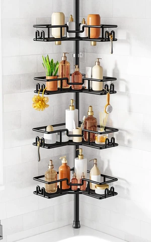 Shower Caddy Tension Pole: 4-Tier Adjustable Corner Organizer Black | Heavy Duty Rustproof L-Shaped Shelves- No Drilling Space-Saving Storage Rack for Family & Renters- 47.72-123.6 inch Shower Caddy Tension Pole: 4-Tier Adjustable Corner Organizer Black | Heavy Duty Rustproof L-Shaped Shelves- No Drilling Space-Saving Storage Rack for Family & Renters- 47.72-123.6 inch