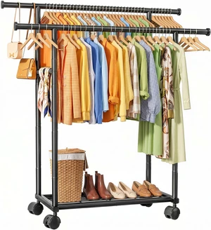 Double Rods Clothes Rack - Metal Clothing Rack with Fixed Double Rods, Rolling Wheels & Built-In Shelf for Closet, Bedroom, Laundry Storage (39" x 17" x 60", Black) Double Rods Clothes Rack - Metal Clothing Rack with Fixed Double Rods, Rolling Wheels & Built-In Shelf for Closet, Bedroom, Laundry Storage (39" x 17" x 60", Black)
